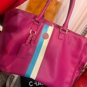 Tory Burch Pink Tote Bag with Blue and Cream Accents